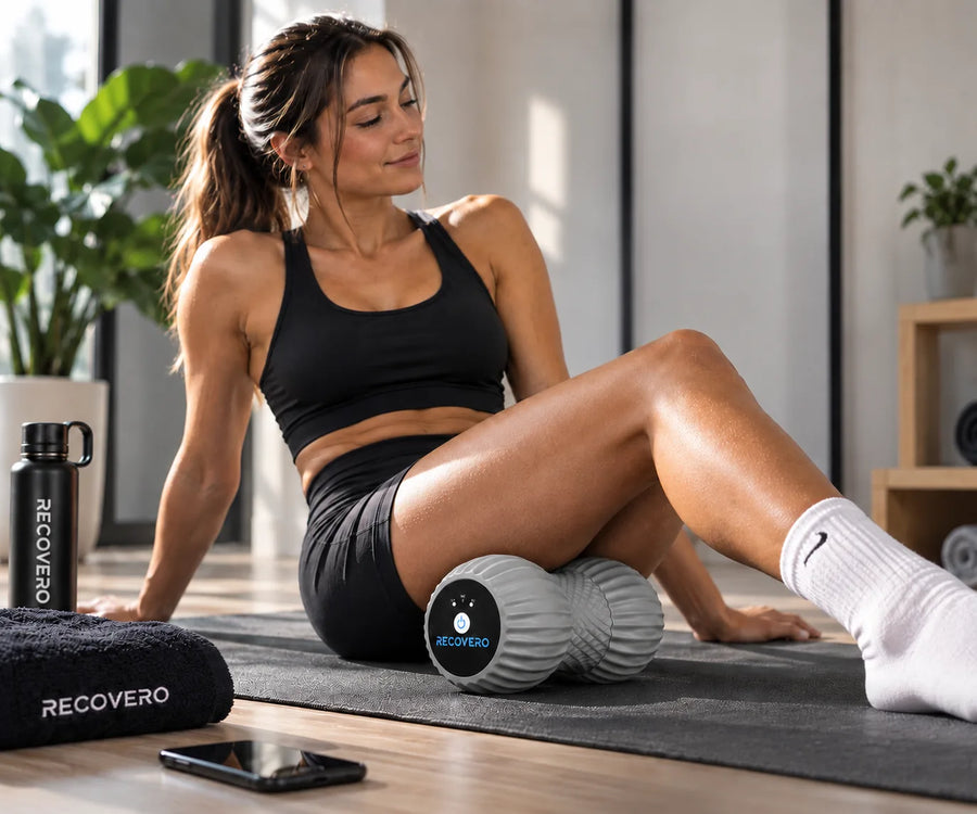 Woman sitting on a mat rolling the RECOVERO ROLL under her thigh