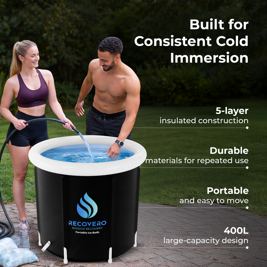 RECOVERO Ice Bath filled with a garden hose outdoors; card lists 5-layer insulation and 400L capacity