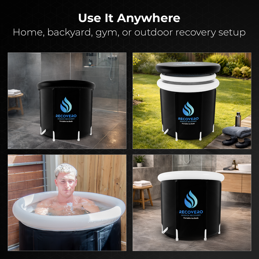 RECOVERO Ice Bath cold plunge tub set up in a shower room, a garden, a tiled bathroom, and with a man seated in it
