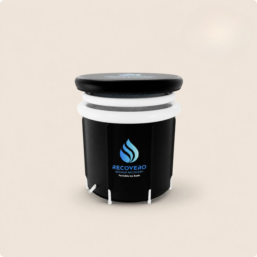 RECOVERO Ice Bath portable cold plunge tub with lid and inflatable rings on a beige background