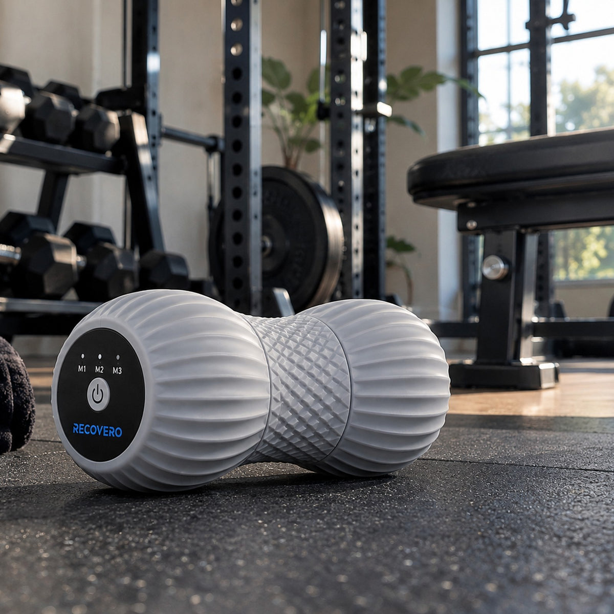 RECOVERO ROLL vibrating peanut roller on a gym floor, showing the M1, M2, M3 button face