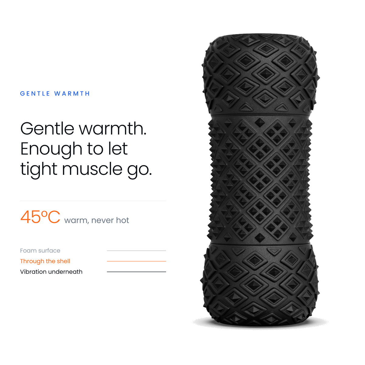 RECOVERO ROLL 2.0 heated massage roller standing upright; card reads 45°C, warm, never hot