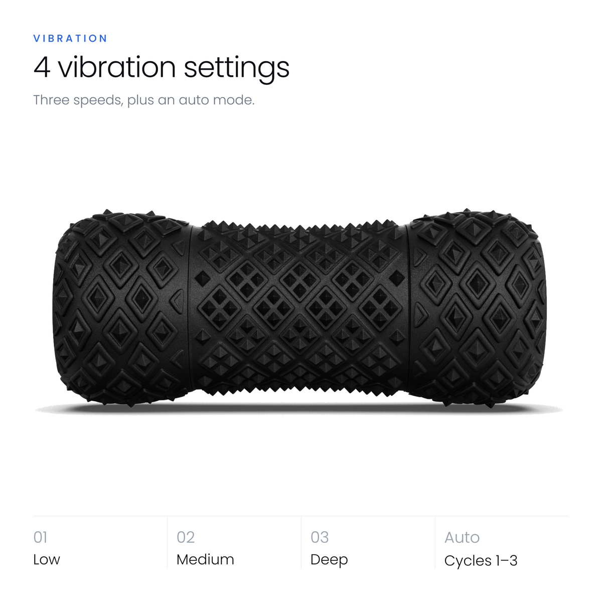 RECOVERO ROLL 2.0 vibrating massage roller with 4 vibration settings: Low, Medium, Deep and Auto