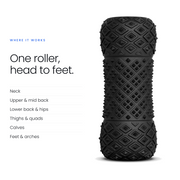 RECOVERO ROLL 2.0 standing upright beside a list: neck, back, lower back and hips, thighs, calves, feet and arches