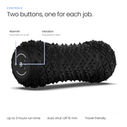 RECOVERO ROLL 2.0 end-cap warmth and vibration buttons; up to 3 hours run time, auto shut-off 15 min