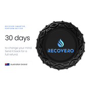 RECOVERO ROLL 2.0 end cap with RECOVERO logo beside a 30-day change-of-mind refund card, Australian brand