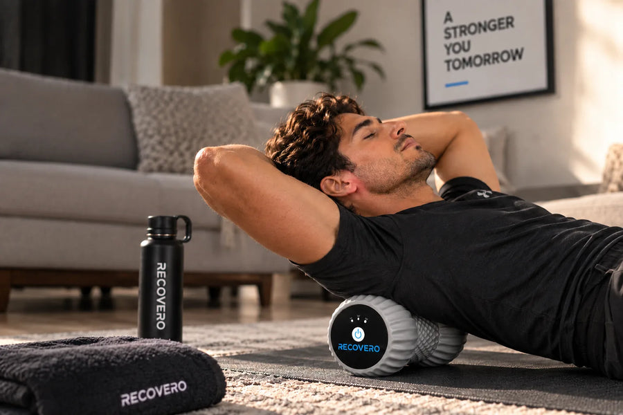Man lying back over the RECOVERO ROLL to release his upper back